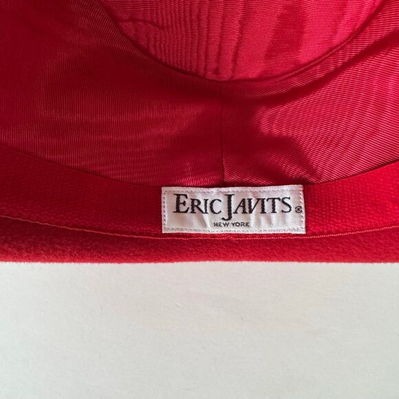 Eric Javits Vintage Red Wool Hat Whipstitch Black Leather Trim OS Western Cowboy main image 7